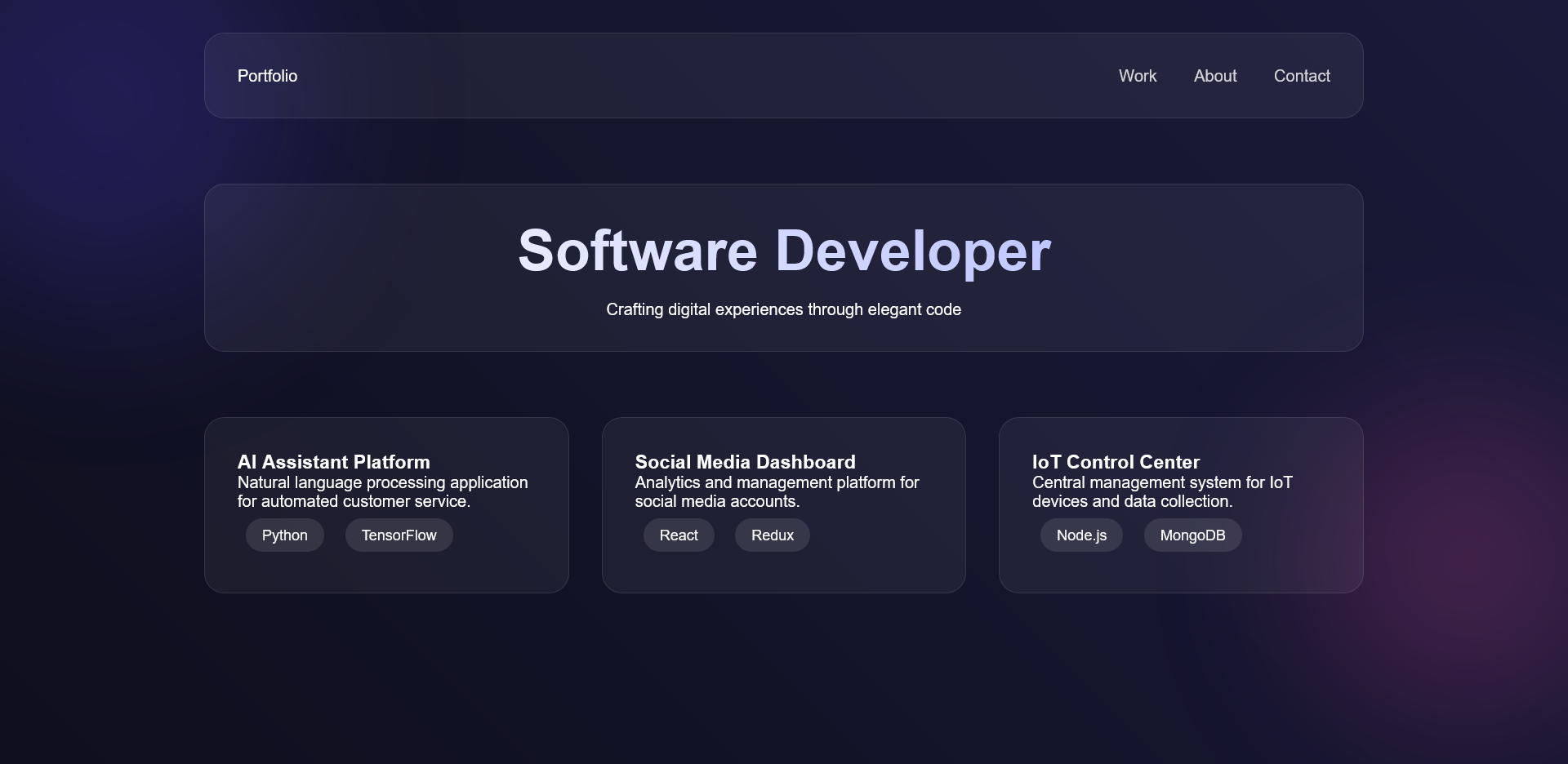 Screenshot of Design 12, a glassmorphism portfolio page